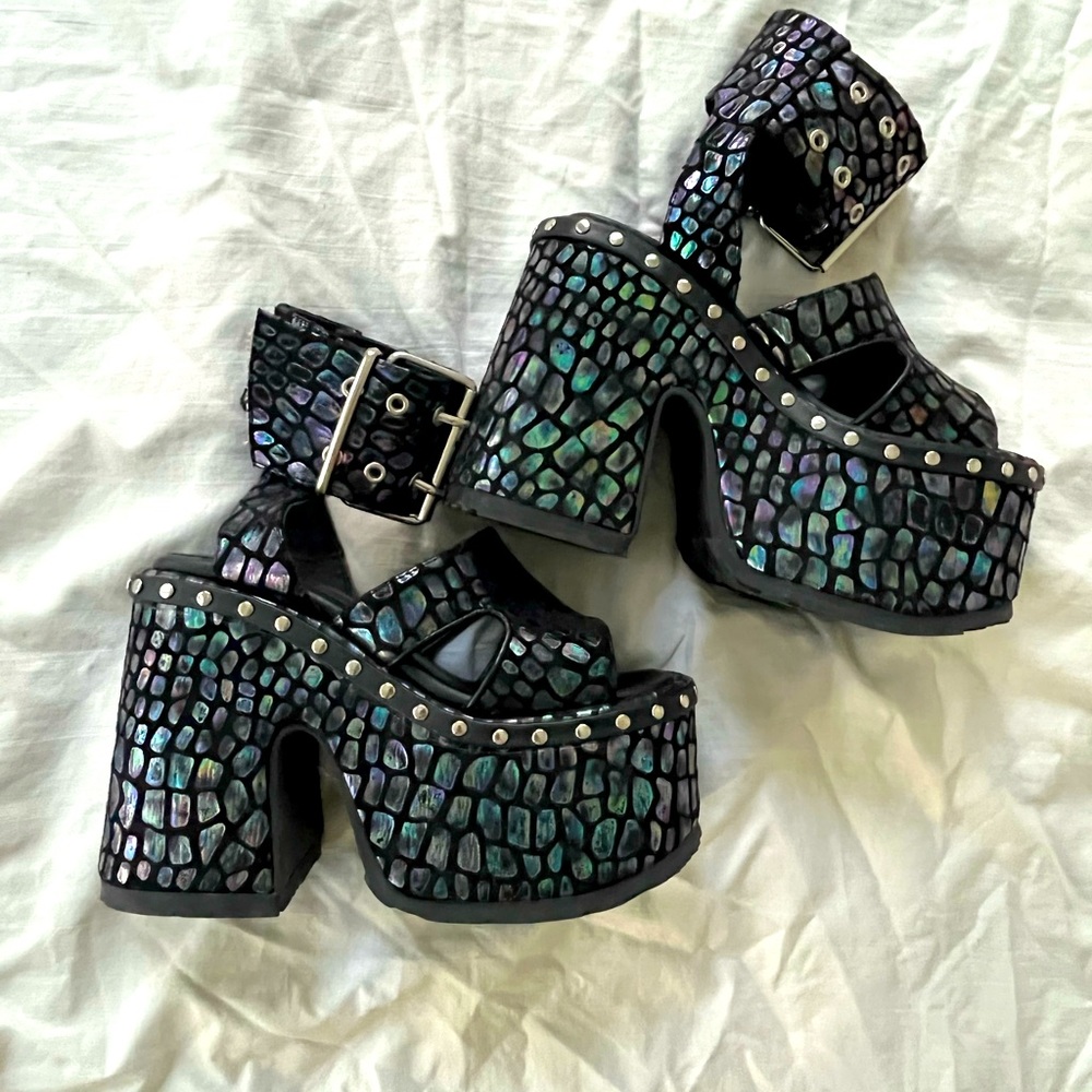 Demonia metallic studded viper scale rave platforms